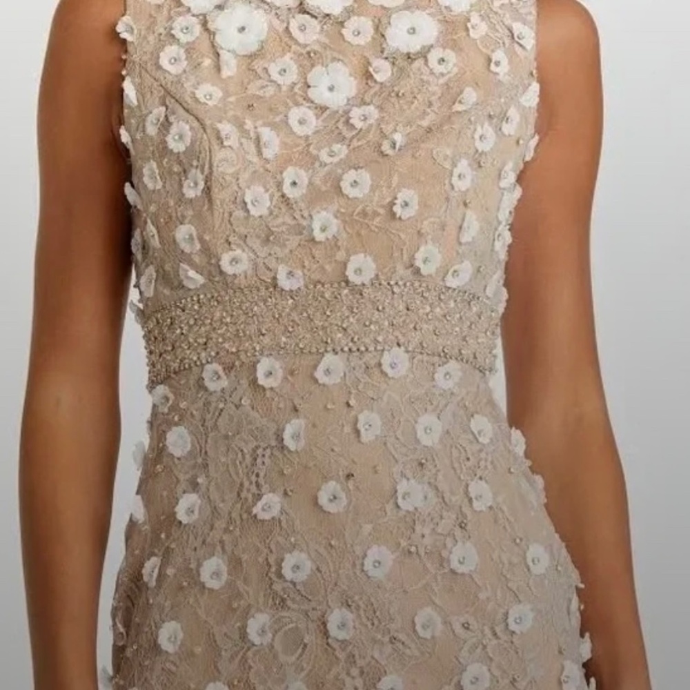 Mac Duggal Nude Floral Applique Sleeveless Midi Dress Size 2